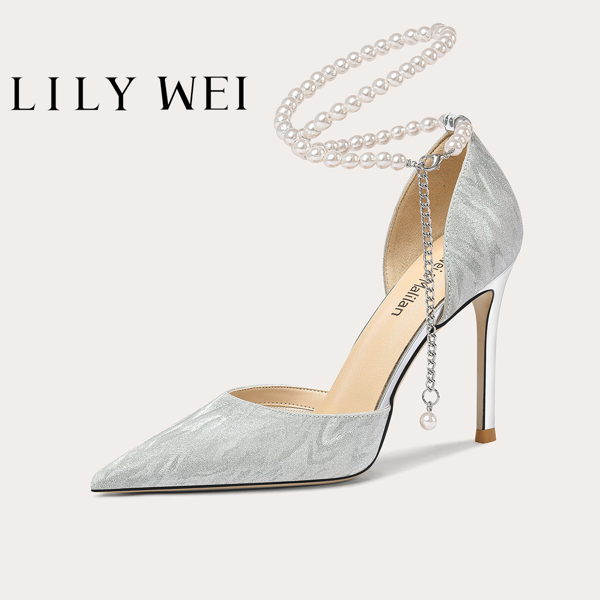 Lily Wei【灵犀】高跟鞋闪闪细跟仿珍珠链水晶鞋大码41一43高级感
