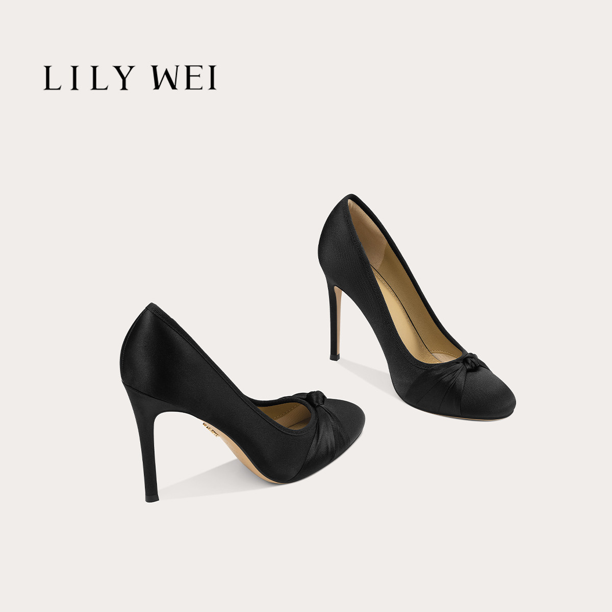 LilyWei【桃雾甜眠】复古黑色缎面高跟鞋圆头细跟扭结设计优雅31