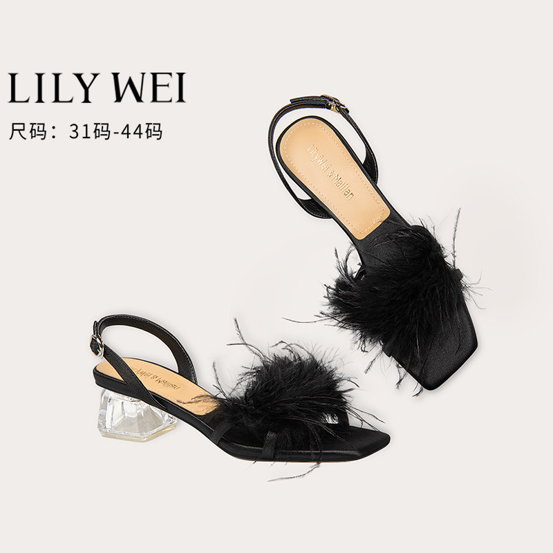 Lily Wei【羽落风停】黑色羽毛凉鞋夏配裙子透明水晶跟大码女鞋