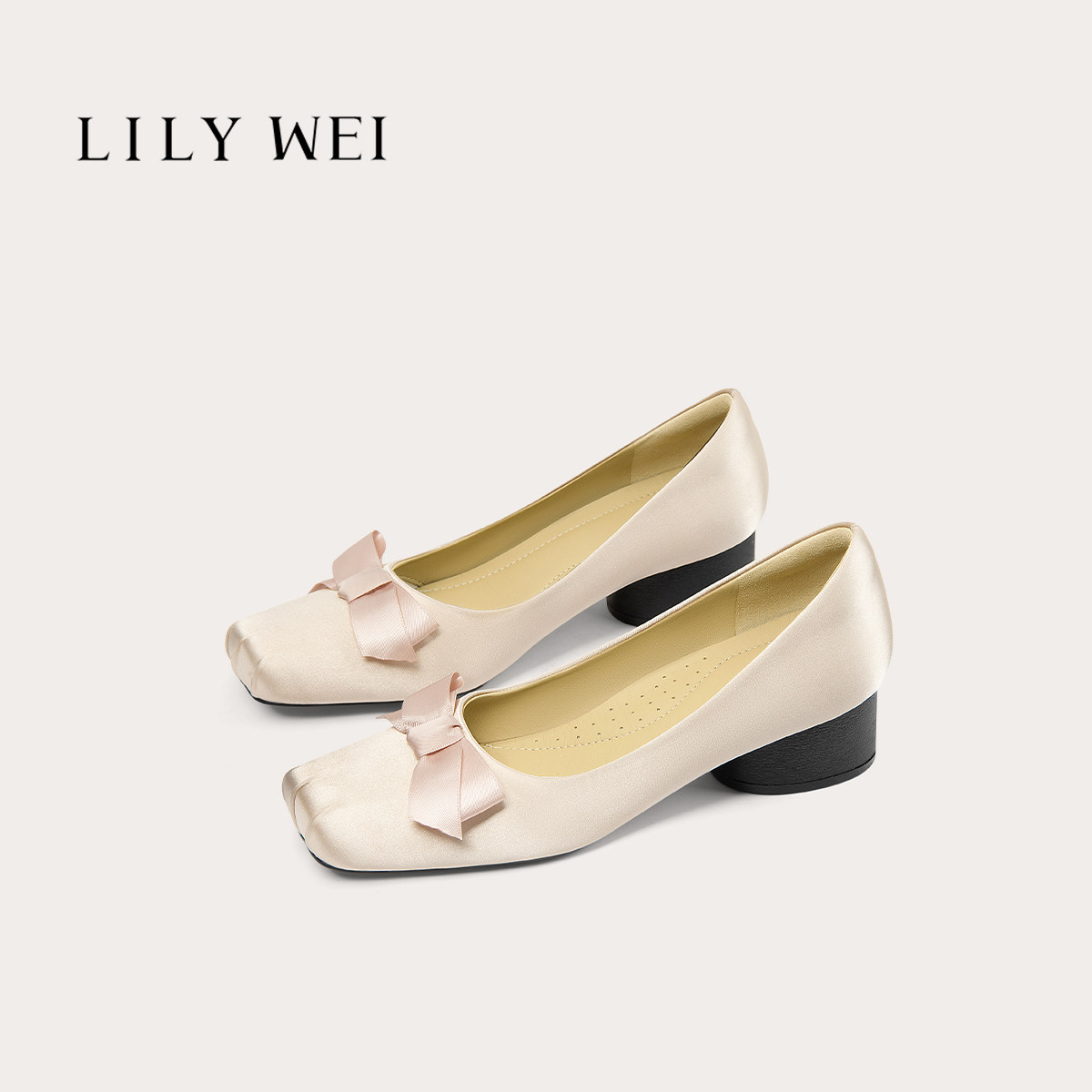 Lily Wei【方糖蜜语】香槟粉蝴蝶结方头单鞋粗跟浅口优雅通勤日常