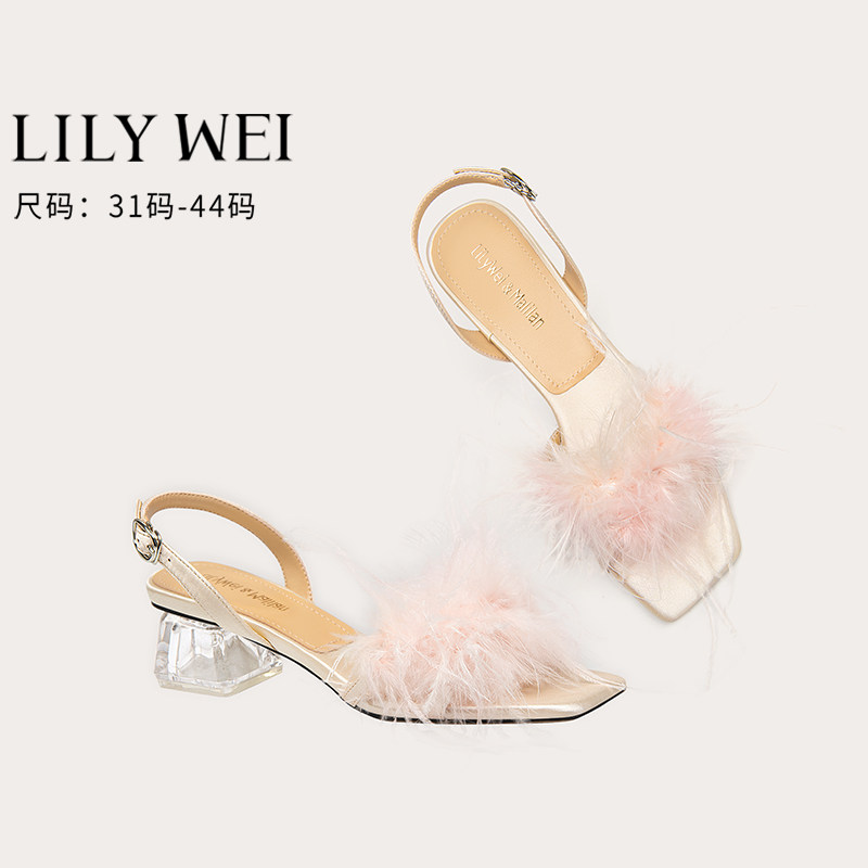 Lily Wei【羽落风停】粉色毛毛凉鞋新款透明水晶跟晨袍婚鞋313233