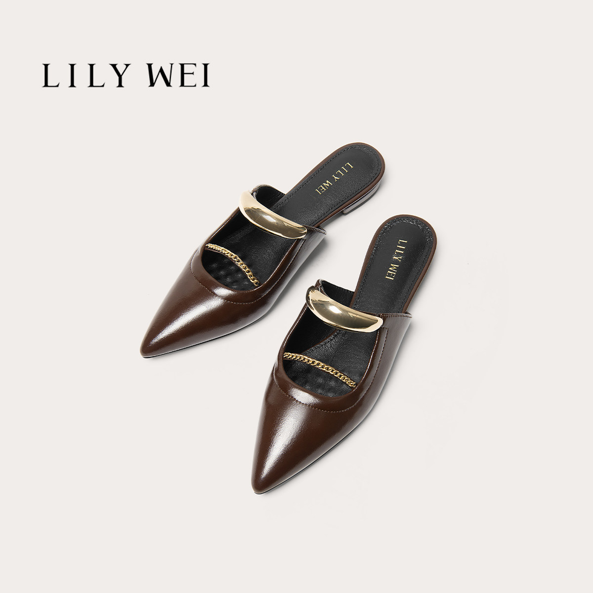 Lily Wei【摩卡时光】复古棕尖头平底包头拖法式慵懒风一脚蹬女鞋