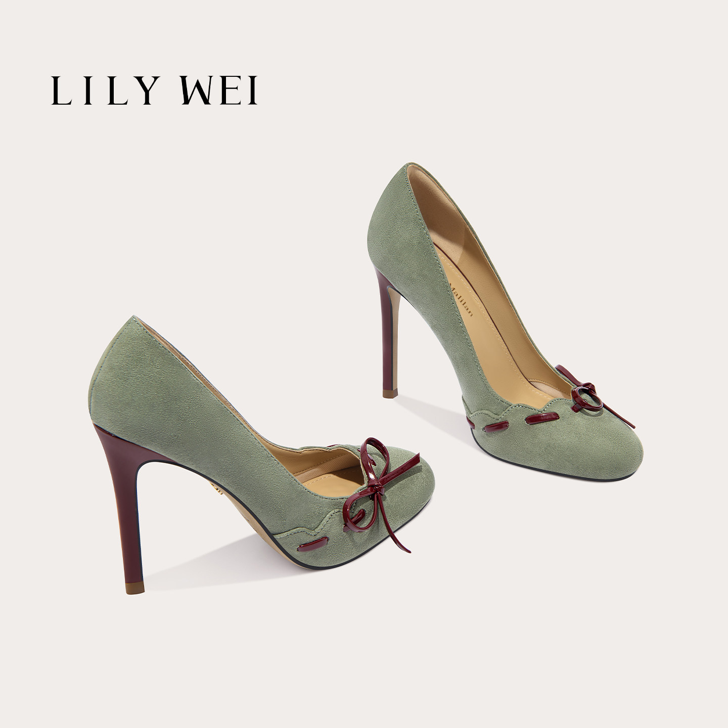 Lily Wei【澜栖】原创绿色复古圆头单鞋舒适一脚蹬高跟鞋女大码41