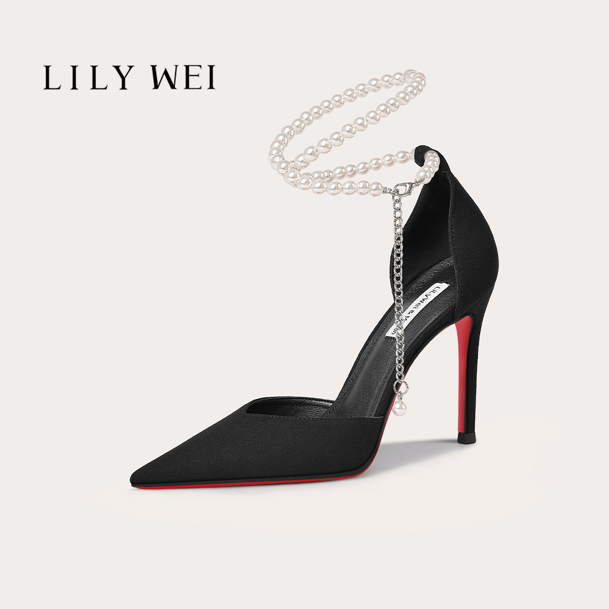 Lily Wei【月影】黑色尖头细跟高跟鞋女法式珍珠绑带红底婚鞋31