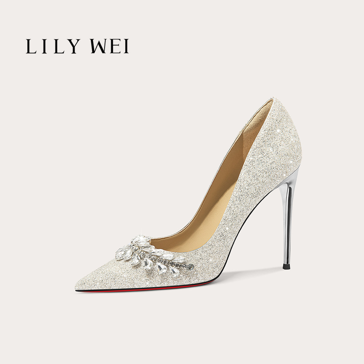 Lily Wei【织星精灵】香槟白红底水钻尖头高跟鞋新娘婚鞋宴会单鞋