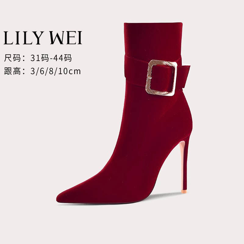 Lily Wei大码女短靴41一43红色丝绒高跟鞋结婚靴子小码313233冬天