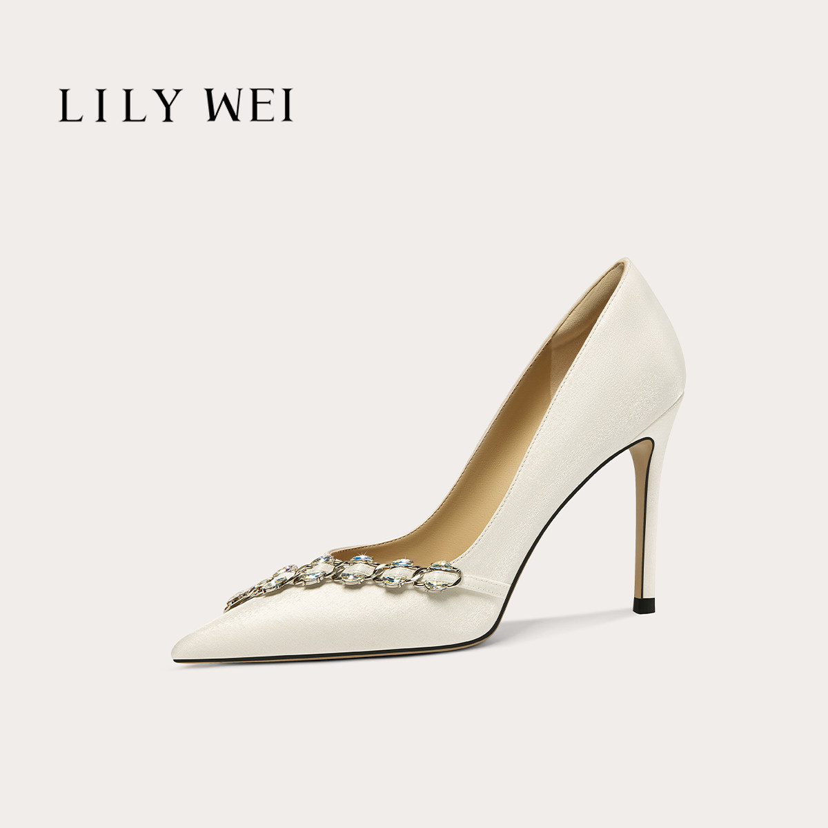 Lily Wei【白泠】尖头细跟高跟鞋珠光白水钻法式日常通勤鞋