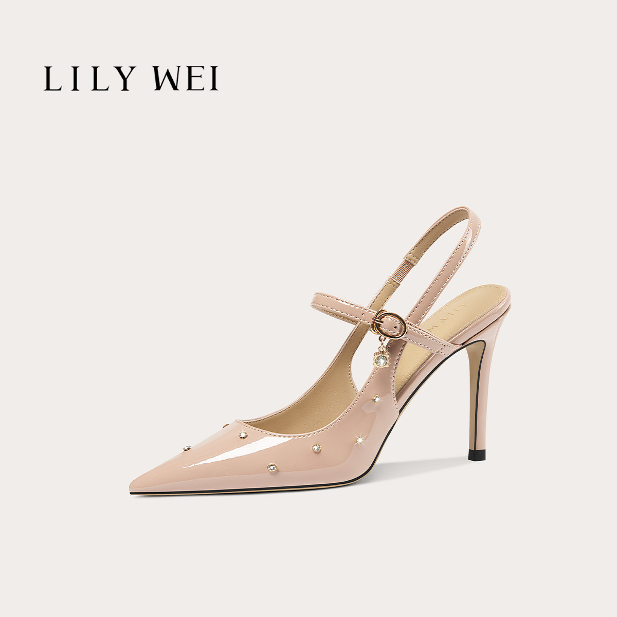 Lily Wei【琥珀流光】法式优雅高跟鞋裸粉色水钻通勤职场单鞋3132