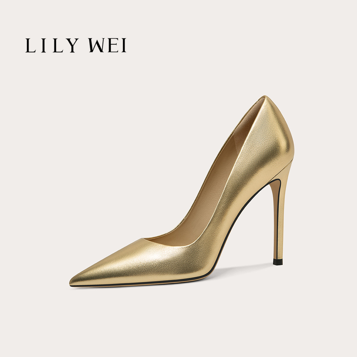 Lily Wei金色气质简约高跟鞋女一脚蹬尖头细跟百搭单鞋大码41-44