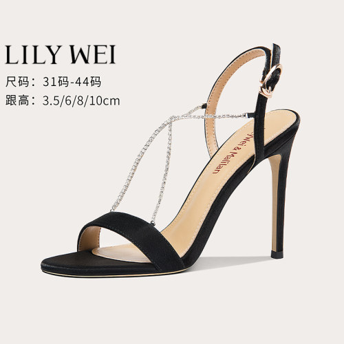 LilyWei时装凉鞋露趾水钻细跟黑