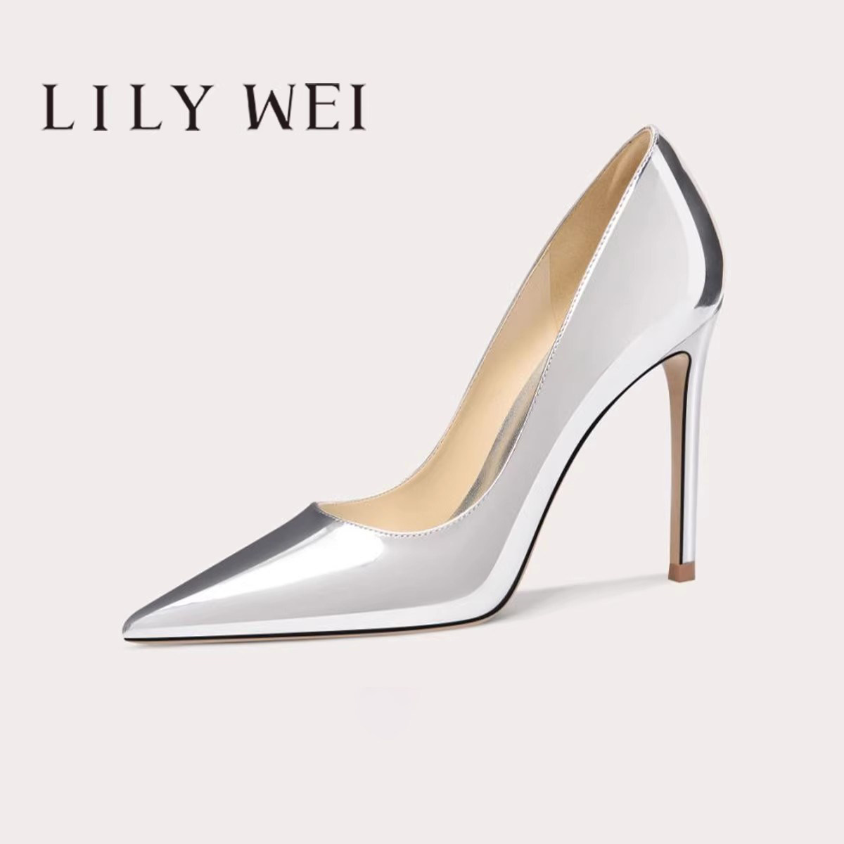 Lily Wei尖头OL风时装高跟鞋银色浅口气质单鞋性感细跟小码313233