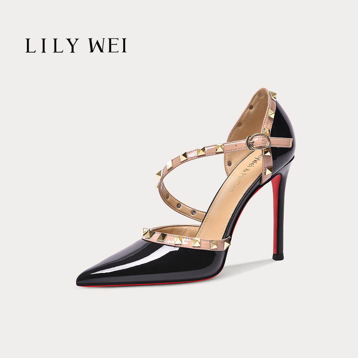Lily Wei【南风知意】法式酷飒风黑色红底高跟鞋铆钉一字带凉鞋女