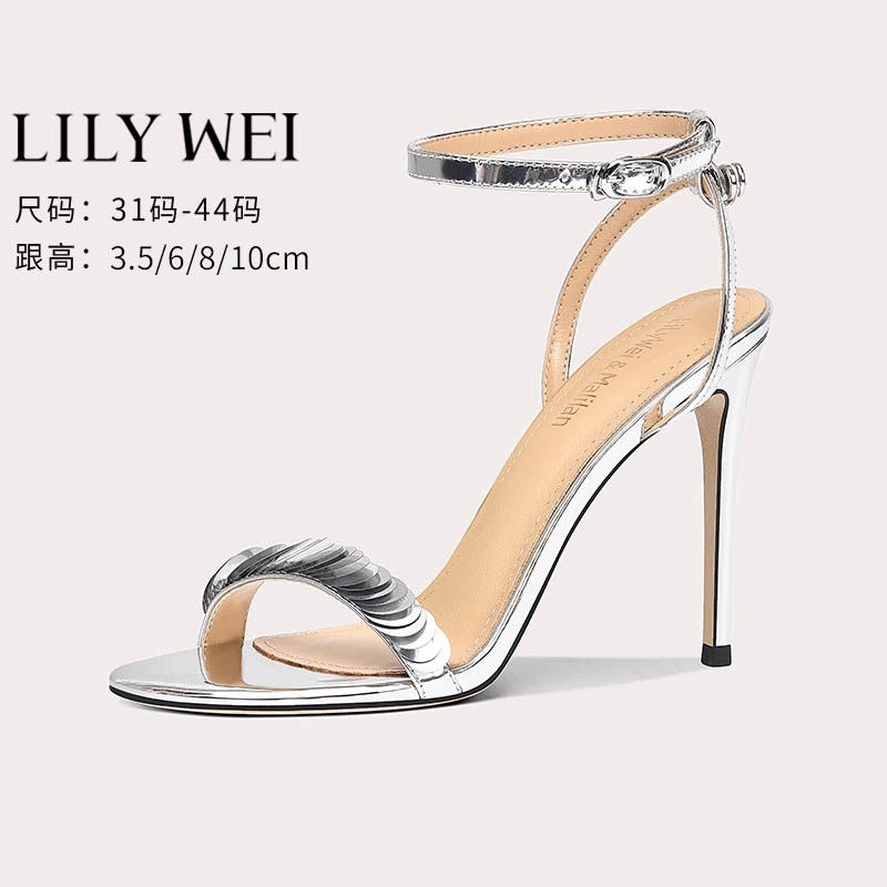 Lily Wei【闪鳞昔影】银色亮片凉鞋脚环高跟鞋细跟小码女鞋313233