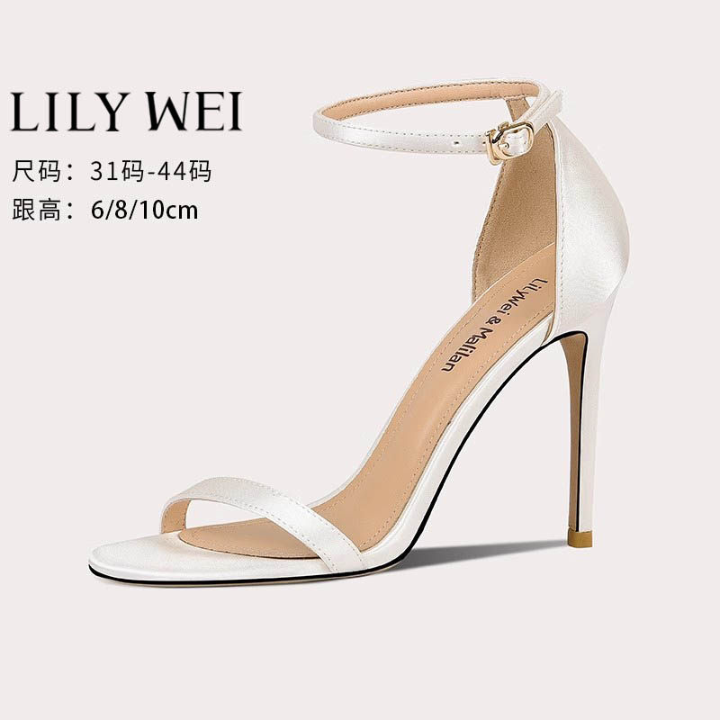 Lily Wei经典一字带凉鞋白色绸缎面高跟鞋细跟小码313233夏季仙气