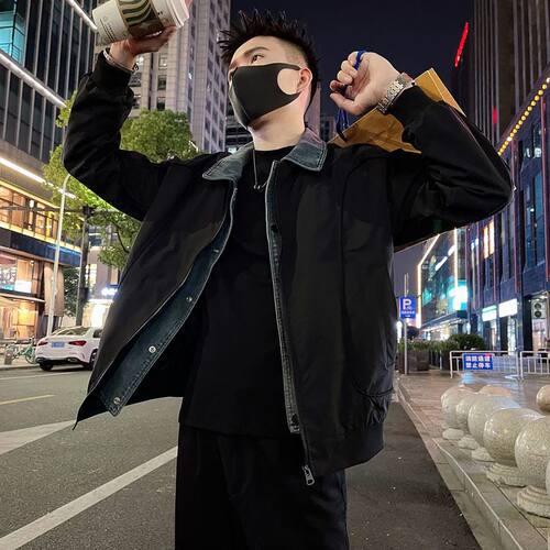高级感拼接牛仔外套男潮牌假两件男装上衣褂子春秋季新款休闲夹克
