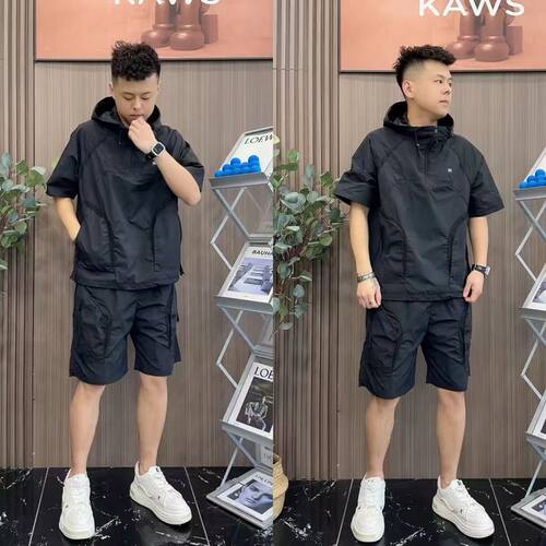 春秋休闲工装套装男半拉链连帽半袖韩版轻薄透气运动速干休闲短裤