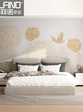 德尔菲诺无缝墙布现代客厅卧室电视背景墙手绘金色树叶定制壁画