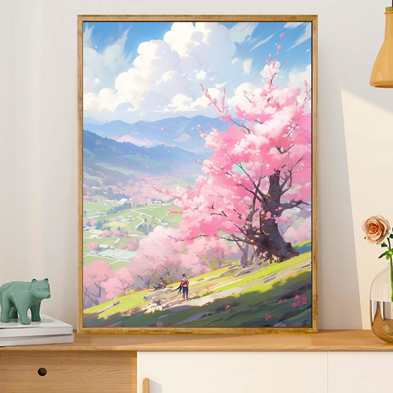 宫崎骏风梦幻桃花源 diy数字油画卡通风景治愈涂鸦画手工装饰挂画