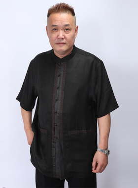 高三强唐装  男士夏季短袖 真丝男上衣 立领半袖衬衣 14229