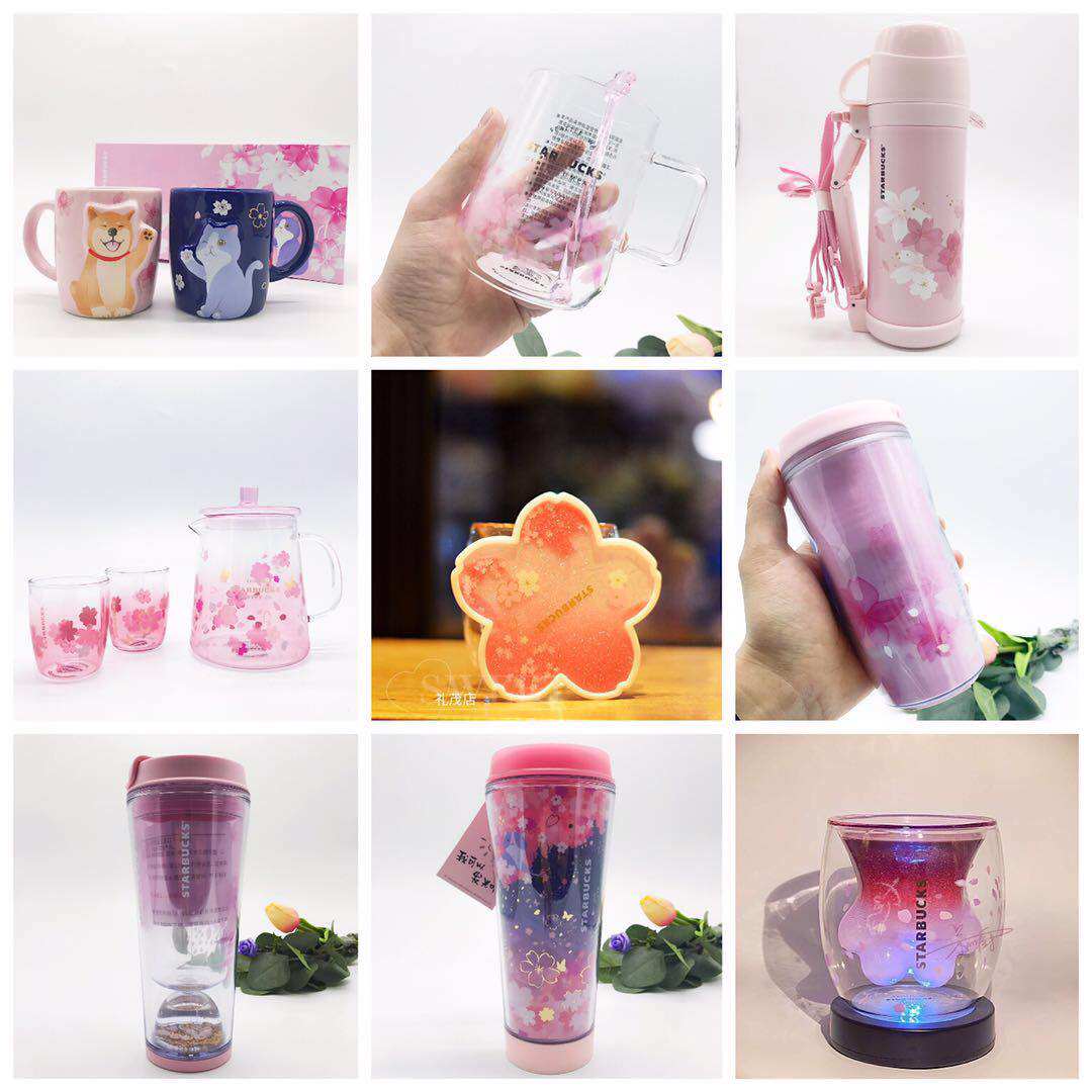 星巴克2019樱花粉色萌猫玻璃杯柯基柴犬水球随行马克冷变
