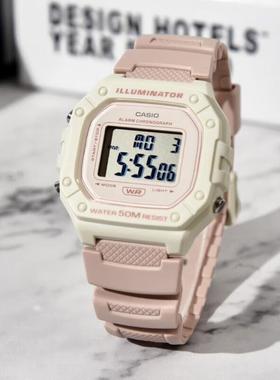 卡西欧手表女CASIO W-218HC-4A2 淡粉色运动学生防水小方块电子表
