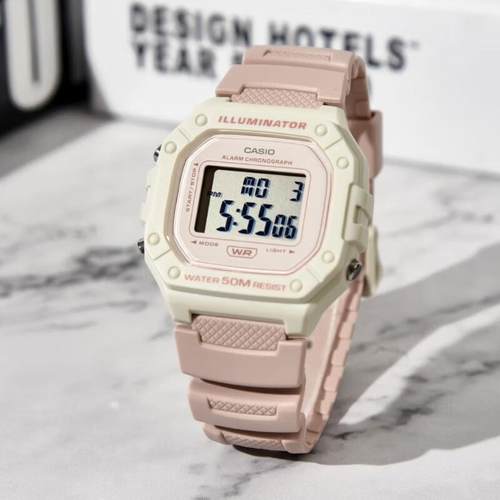 卡西欧手表女CASIO W-218HC-4A2 淡粉色运动学生防水小方块电子表