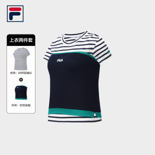 FILA Fila女子上衣两件套2026秋新款网球运动简约修身条纹T恤