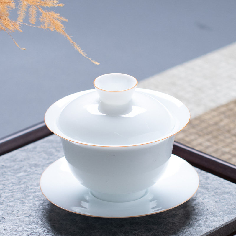 薄胎甜白瓷三才盖碗茶杯手工德化白瓷茶碗陶瓷家用功夫茶具泡茶碗