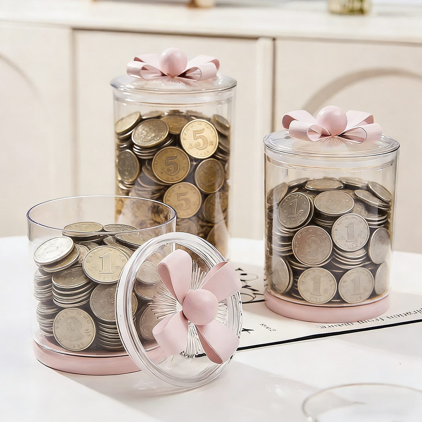 高颜值存钱罐亚克力透明储蓄罐带盖防尘大容量整理硬币桌面收纳盒