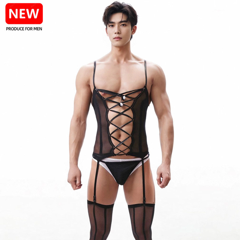 男士吊带连体袜丁字裤套装性感条纹丝袜情趣全身诱惑透明连体内衣