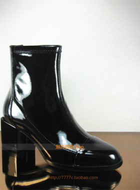 欧货玛莎贝尔18秋粗跟方头牛漆皮骑士靴31801-13A