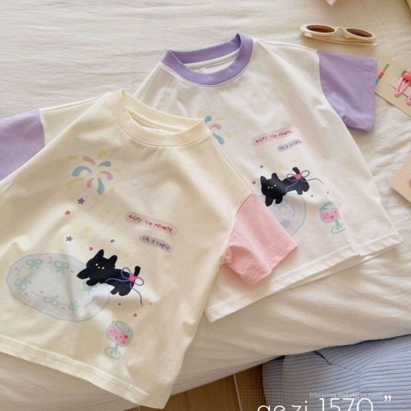 儿童夏季拼色休闲100纯棉短袖女童卡通猫咪休闲中小童韩范时髦T恤