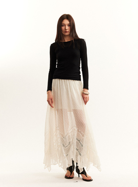 NEANT白色波点纱蕾丝拼接半裙（赠衬裙）