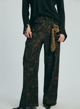 NEANT暗色花卉印花纯棉结构休闲裤