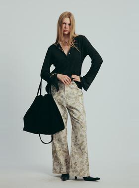 NEANT米白色花卉印花纯棉结构休闲裤