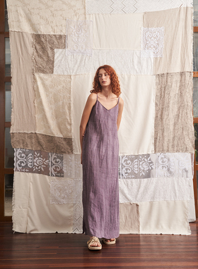 NEANT AW22 S1 灰紫扎染纯亚麻褶皱吊带连衣裙