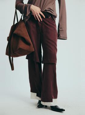 NEANT铜氨丝拼接斜纹缎棉下脚双节裤（红棕/苔藓灰）