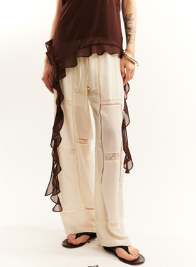 NEANT蕾丝拼接方块结构乳白色真丝松紧腰休闲裤