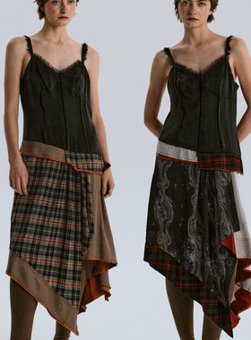 NEANT雪纺毛边不规则下摆格纹撞色连衣裙