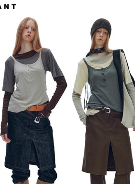 NEANT三层撞色吊带半截袖全棉针织上衣 水泥灰撞色/鹅黄灰撞色