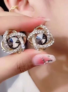 耳环缠绕灰色耳钉小众新款高级感耳扣轻奢满钻2025款s925银针耳饰