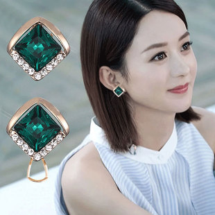 耳钉女气质方块绿色方形玻璃水钻耳饰2025新款 高级感银针耳环 爆款