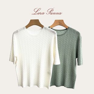 LP25夏季女装套头圆领短袖纯色绞花宽松羊毛+真丝针织薄款毛衣T恤