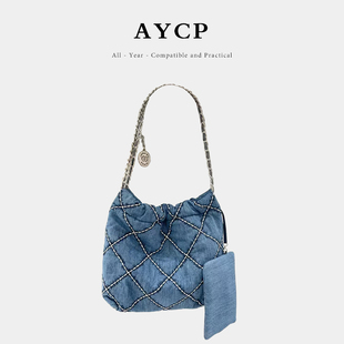 布包大容量托特包女水洗22bag链条包丹宁垃圾袋单肩 AYCP菱格牛仔
