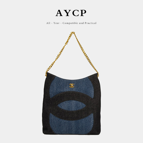 AYCP小香风牛仔布撞色托特包链条