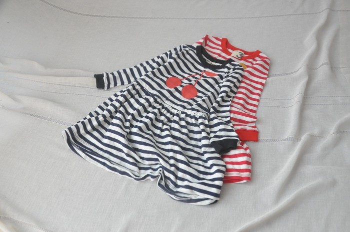 笑笑家童装裙子女童樱桃条纹长袖