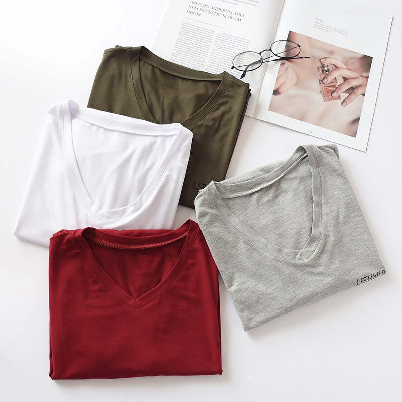 부티크 남성 모달 티셔츠 얇은 루즈 캐주얼 반팔 청소년 브이넥 솔리드 컬러 비필링 바닥 셔츠 티셔츠