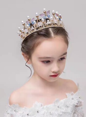 新款皇冠韩式珍珠亲子发冠儿童表演登出发饰新娘结婚蝴蝶王冠