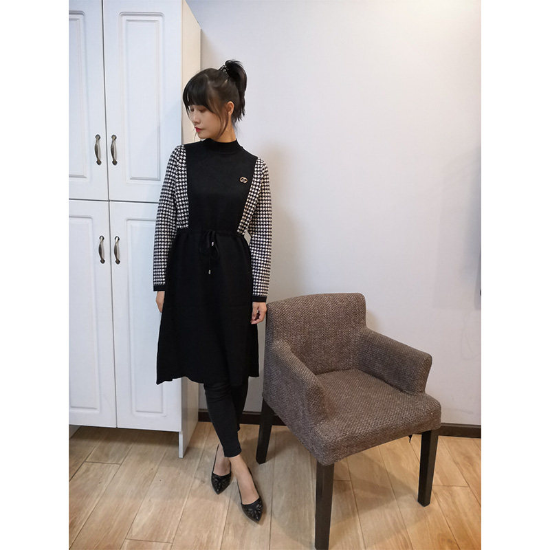 女纯色拼千鸟格半高领中长羊毛加厚打底连衣裙松紧腰修身