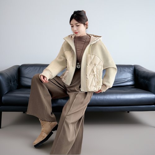 毛呢拼羽绒服厚宽松压花短款